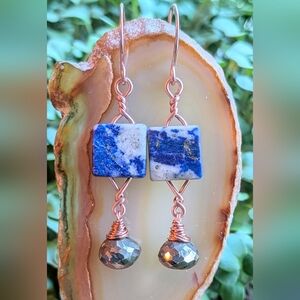 Lapis Lazuli Gemstone Earrings Artisan Crafted Copper Wrap Pyrite Drop Accents